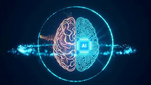 Futuristic digital brain integration with artificial intelligence glowing circuitry animation with emphasizing advanced neural technology digital fusion seamless transition interconnected