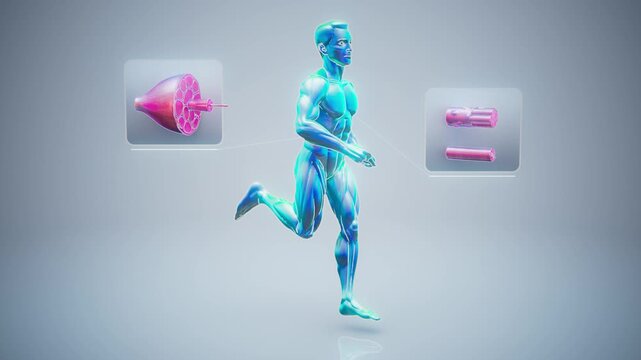 Conceptual 3D animation of an anatomical muscle man