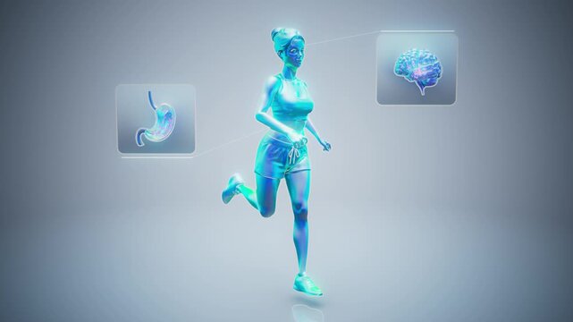 Conceptual 3D animation of a fit woman running with brain-gut axis hormones