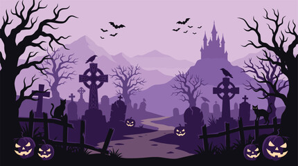 Spooky halloween background vector illustration featuring a haunted cemetery with a dark castle and creepy trees © MstFatema