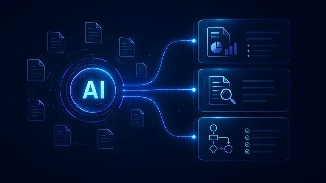 Glowing AI artificial intelligence core connecting to digital document files for automated data analysis and workflow processing