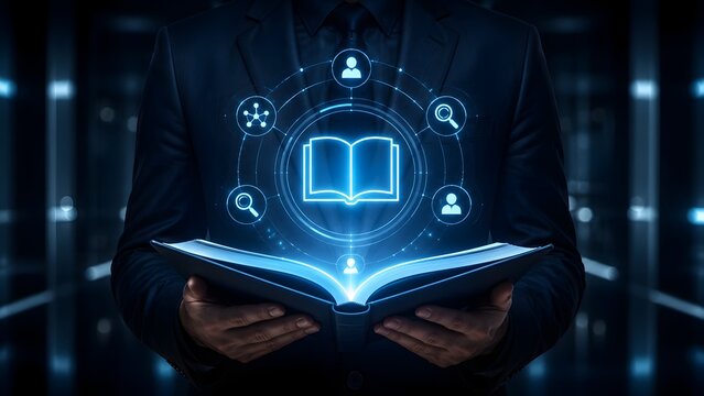 Businessman holding open glowing digital book with AI knowledge icons representing elearning online education and research