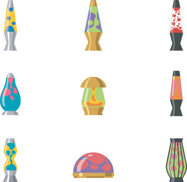 Retro colorful lava lamp vector illustration set featuring various vintage groovy light shapes psychedelic wax blobs and desktop decorations isolated on white background