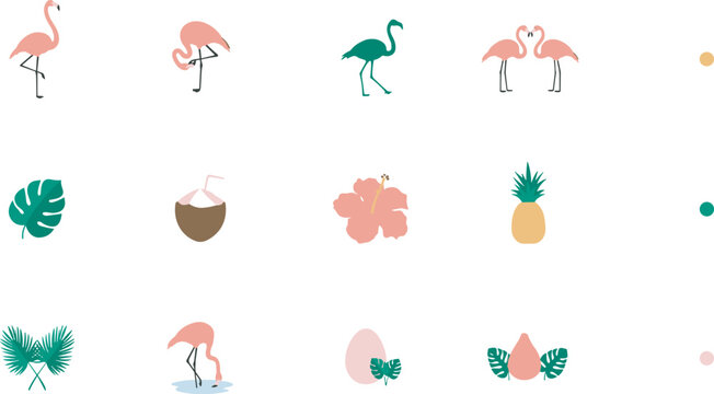 Beautiful tropical pink flamingo vector illustration set featuring exotic monstera leaves palm fronds hibiscus flower pineapple and fresh coconut drink isolated on white background