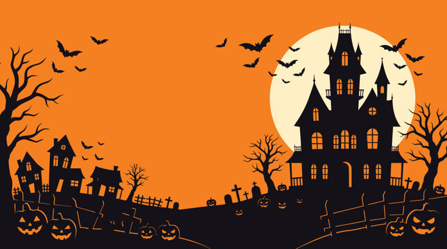 Spooky halloween background vector illustration featuring a haunted mansion silhouette under a full moon with flying bats