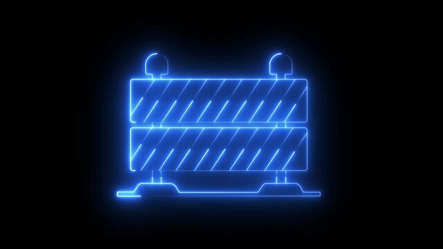 Glowing Neon Road Construction Barrier Line Icon on black Background .  4k motion graphics animation.