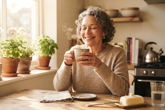 Senior Woman Enjoying Morning Coffee at Home, Mindful Living and Wellness Concept