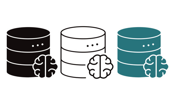 Database and brain set in black white and teal for AI and data concepts