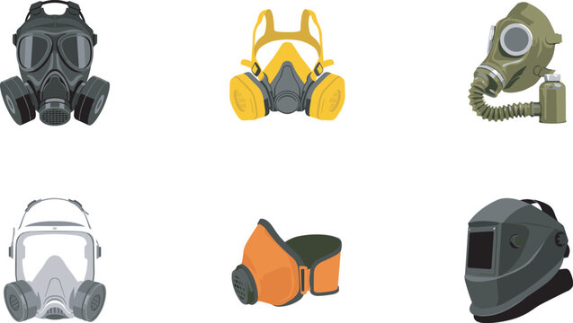 Professional safety gas mask and respirator vector illustration set featuring tactical full face masks welding helmets and chemical dust filters isolated on white background