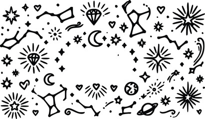 Hand drawn doodle set of stars constellations moon and planets in black ink style for celestial magic space themed design elements and pattern background © Arun