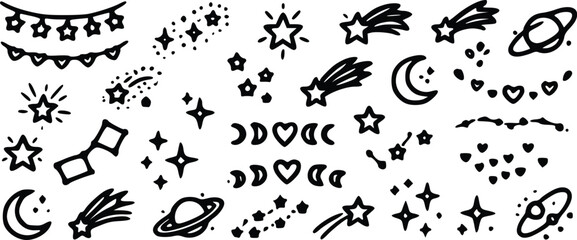 Set of hand drawn doodle space elements including stars planets moon hearts and shooting stars for creative decoration and festive design projects © Arun