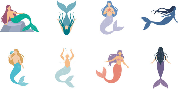 Beautiful mystical mermaid vector illustration set featuring elegant ocean sirens swimming under water and sitting on rocks isolated on white background