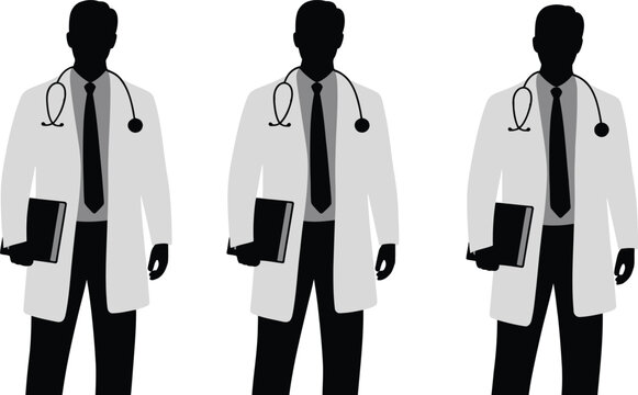 Male Doctors with Stethoscopes Holding Medical Records, Healthcare Professional Black Vector Illustration Collection for Hospital Clinical Practice and Patient Care