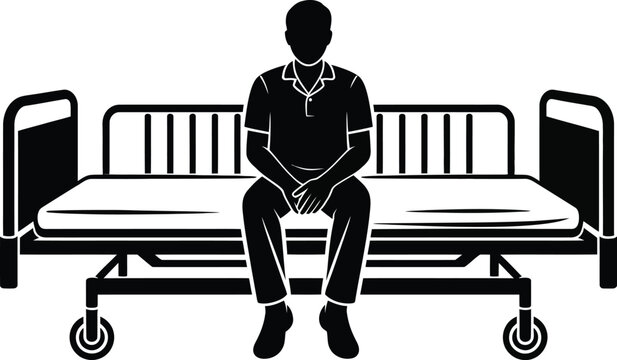 Hospital Patient Sitting on Medical Bed, Healthcare Recovery Black Silhouette Vector Illustration for Clinical Care, Rehabilitation and Inpatient Treatment