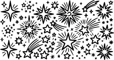 Hand drawn doodle stars collection with shooting stars and sparkles in a simple black ink sketch style for creative design and festive decoration art © Arun