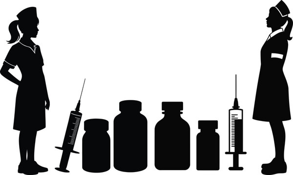 Nurses Standing with Vaccine Syringes and Medicine Bottles, Healthcare Immunization Black Silhouette Vector Illustration for Medical Vaccination and Clinical Care