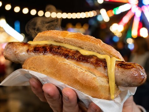 Gegrillte Bratwurst im Br&ouml;tchen mit tropfendem Senf &ndash; Dampf, Grillspuren und bunte Volksfestlichter machen den deutschen Imbiss besonders appetitlich und traditionsreich.