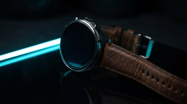 Modern Round Smartwatch with Leather Strap on Reflective Surface, E-commerce Product Mockup for Tech Advertising