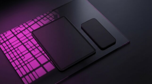 Modern Smartphone and Tablet Mockup on Dark Reflective Surface, Cyber Monday E-commerce Technology Template