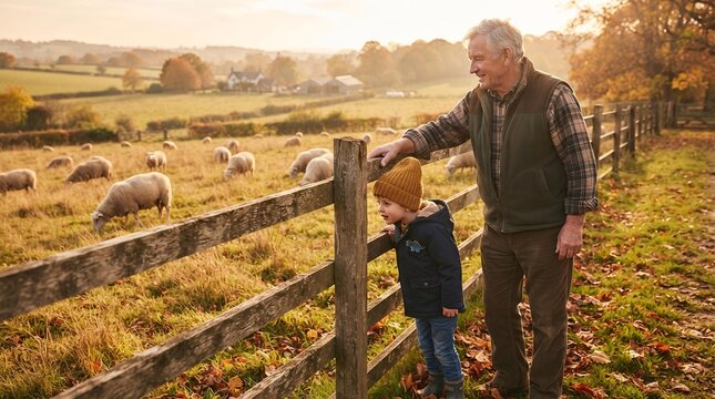 Grandfather and Grandson Watching Sheep on Autumn Farm, Multi-Generational Family Bonding Concept