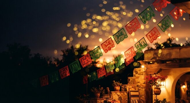 Mexican Papel Picado Banners at Night with Golden Bokeh, Festive Celebration Background for Social Media Marketing