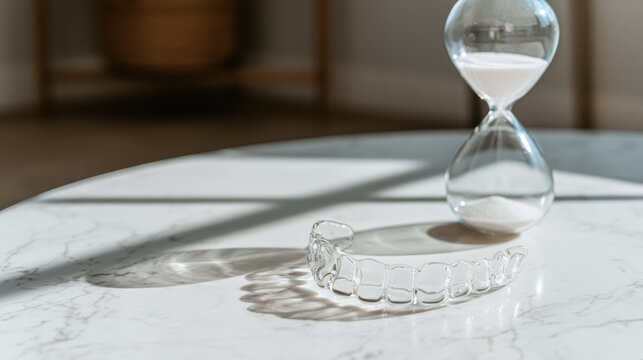 Dental night guard on marble surface beside hourglass with soft daylight and shadow, minimalist concept of nighttime jaw protection and restful recovery