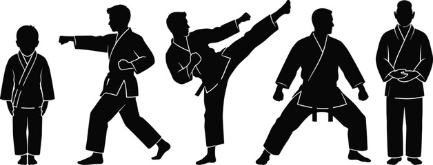 Black silhouettes of martial artists in uniform performing various karate and taekwondo poses on white background © PROTABPROSAD