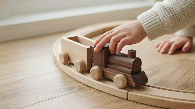 Child's hand on a wooden toy train on a wooden track, representing childhood and imaginative play