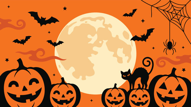 Spooky halloween background vector illustration featuring pumpkins bats a full moon and a black cat for holiday design