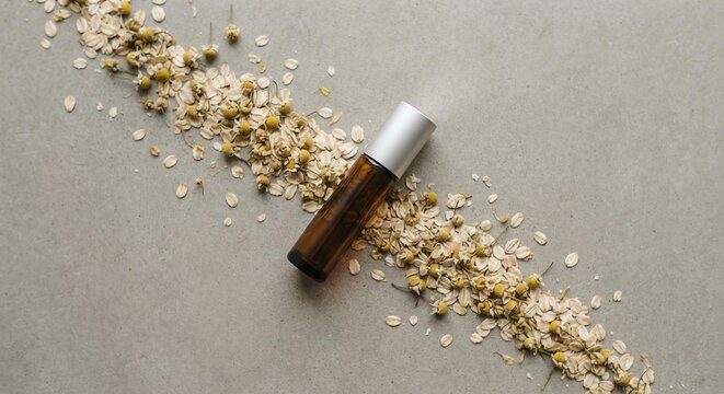 Amber Glass Roller Bottle with Oats and Chamomile, Organic Skincare Product Mockup for E-commerce Presentation
