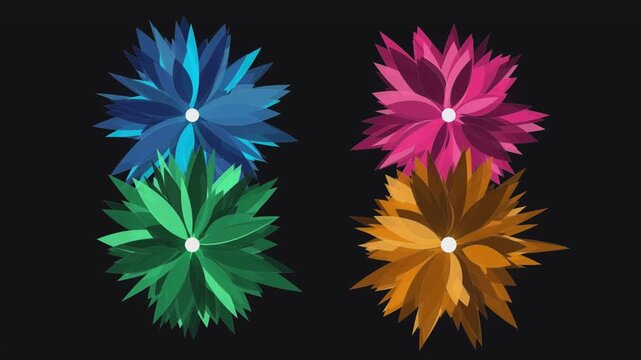Abstract floral pattern in motion, four colorful digital flowers blooming dynamically on dark background, loop animation.