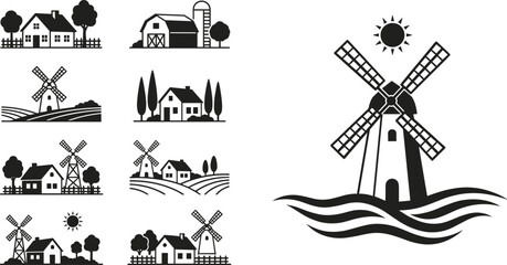 Fototapeta premium Black and white farm house and windmill vector icon set for rural design