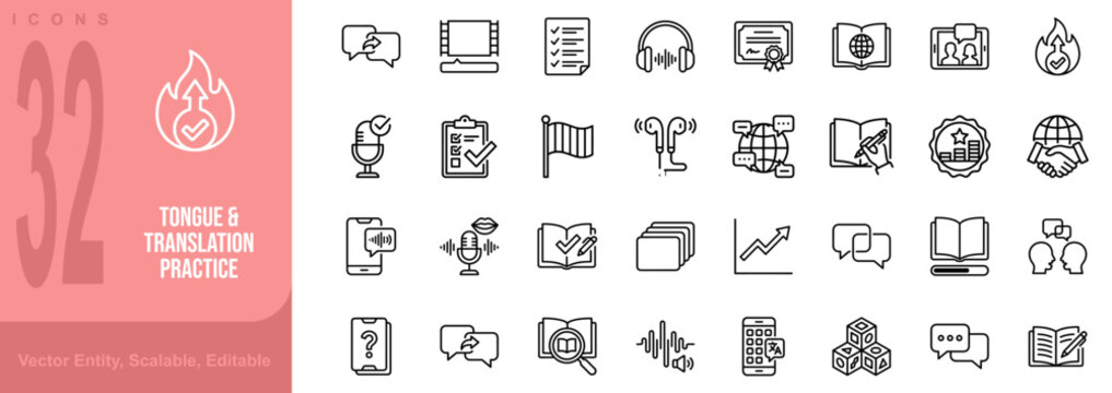 Language learning and translation service line icon set. Includes symbols for Dictionary, Globe, Subtitle, and Headphones. Line vector icons for multilingual education and interpreter.