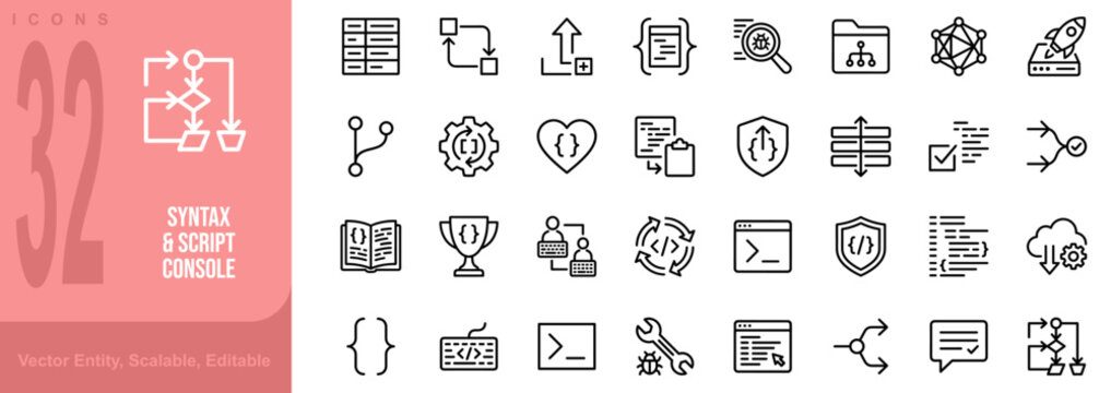 Software development and programming code line icon set. Includes symbols for Terminal, Git Branch, API, and Debug. Line vector icons for developer and coding workspace.
