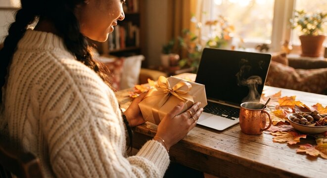 Young Woman Working Remotely at Home with Autumn Gift, Cozy Morning Productivity Concept