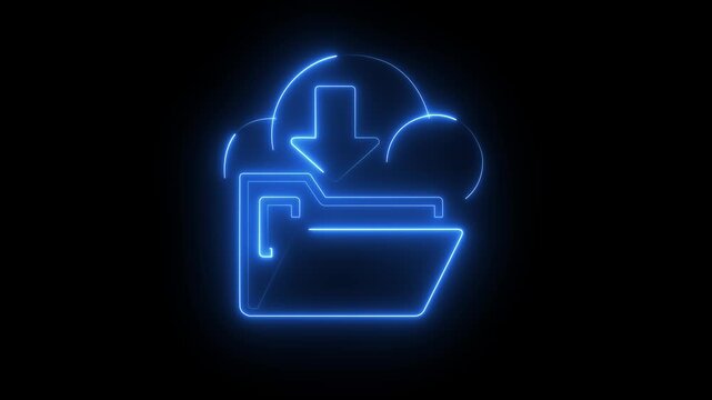 Glowing Neon Cloud Download Folder Icon, Cloud Storage Technology on black Background .  4k motion graphics animation.
