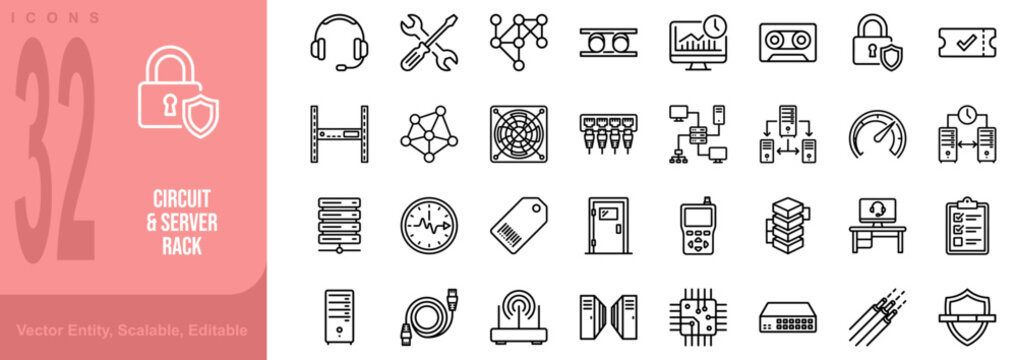 Computer hardware and server infrastructure line icon set. Includes symbols for CPU, RAM, Hard Drive, and Network Switch. Line vector icons for IT and data center.