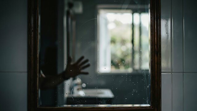 Spooky reflection of a human hand on a dirty mirror in a dark bathroom with a blurred window
