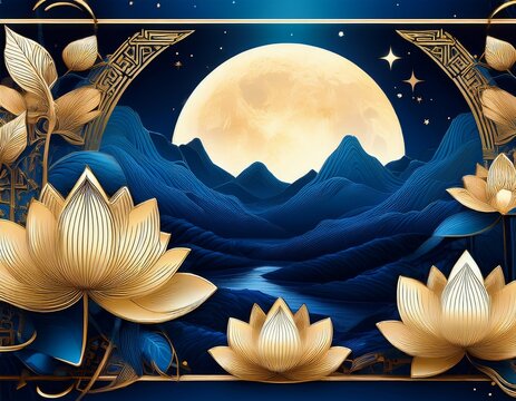 elegant prestigious night background with lotus flowers against the background of the mountains and the moon the design motif with gold blue colors the inscription of the hieroglyph means