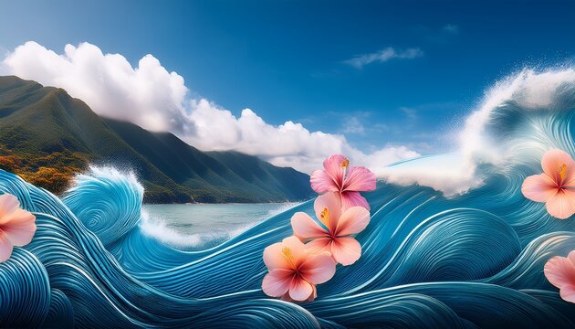 asian waves and tropical flowers banner for aapi in may