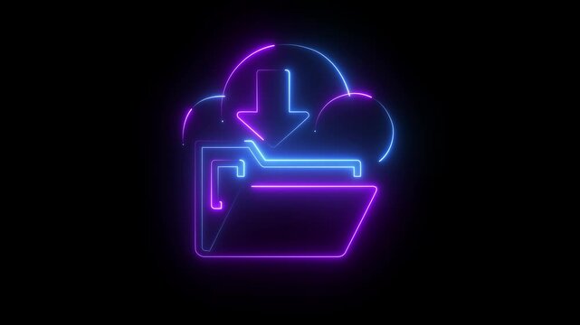 Glowing Neon Cloud Download Folder Icon, Cloud Storage Technology on black Background .  4k motion graphics animation.