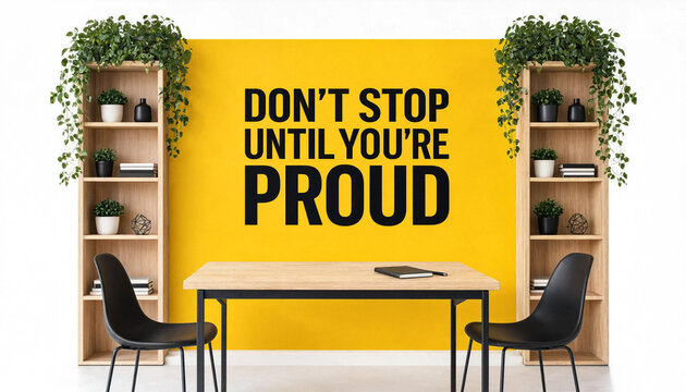 Motivational office space with a table chairs bookshelves and a bold inspirational quote on a yellow wall