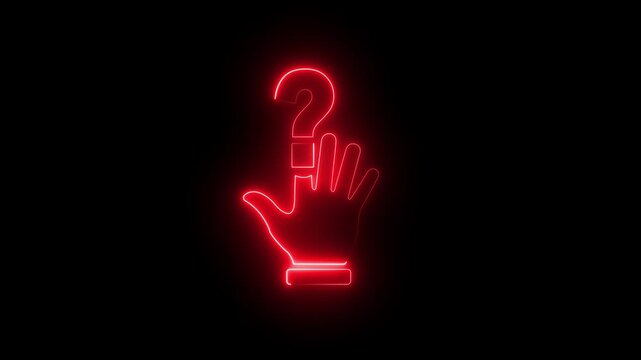 Glowing Neon Customer Support Help Hand Icon with Question Mark on black Background. 4k motion graphic animation.