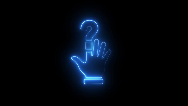 Glowing Neon Customer Support Help Hand Icon with Question Mark on black Background. 4k motion graphic animation.