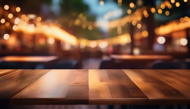 image of wooden table in front of abstract blurred restaurant lights background ai