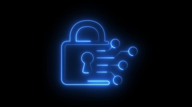 Glowing Neon Cyber Security Padlock  Icon, Digital Data Protection on black Background. 4k motion graphic animation.