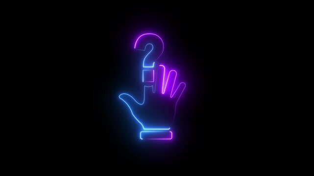 Glowing Neon Customer Support Help Hand Icon with Question Mark on black Background. 4k motion graphic animation.