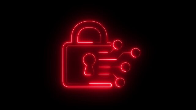 Glowing Neon Cyber Security Padlock  Icon, Digital Data Protection on black Background. 4k motion graphic animation.