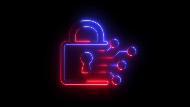 Glowing Neon Cyber Security Padlock  Icon, Digital Data Protection on black Background. 4k motion graphic animation.
