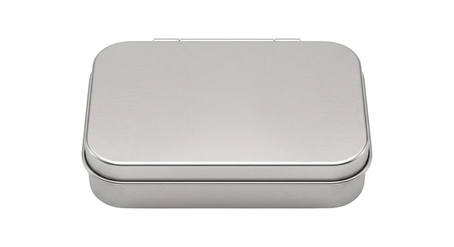 Premium rectangular flip-top mint tin container with rounded corners and matte metal finish, isolated on transparent background